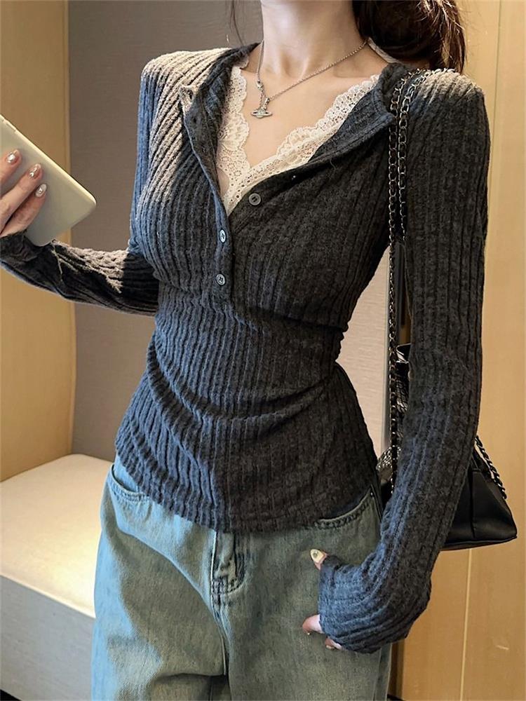 Winter Clothing Aesthetic - Damska bluzka z koronkowymi wstawkami, długi